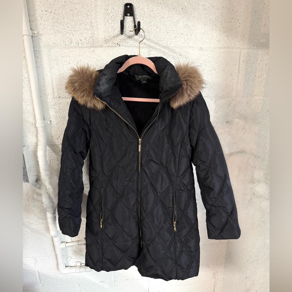 St. John Black Puffer Coat with Fur Hood